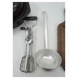 Vintage Hand Mixer, Graniteware Roaster, Aluminum Ladle, Wooden Hot Plate/Serving Plate