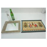 Swedish Jute Wall Hanging Folk Art "Good and Happy Shall Man Be", Mirror, Vintage Bottles
