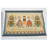 Swedish Jute Wall Hanging Folk Art "Good and Happy Shall Man Be", Mirror, Vintage Bottles