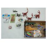 Bait, Tackle, Metal Rod Holders (3ct), Band-Aids, Vintage Fishing Reel