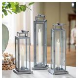3 Pack of LED Tapered Candles in Tower Lanterns - 3 Pack - Silver Finish