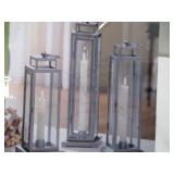 3 Pack of LED Tapered Candles in Tower Lanterns - 3 Pack - Silver Finish