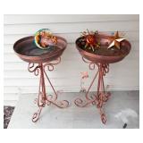 Two Copper-Colored Bird Baths & Three Colorful Metal Wall Hangings