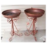 Two Copper-Colored Bird Baths & Three Colorful Metal Wall Hangings