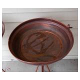 Two Copper-Colored Bird Baths & Three Colorful Metal Wall Hangings