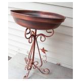 Two Copper-Colored Bird Baths & Three Colorful Metal Wall Hangings