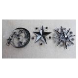 Two Copper-Colored Bird Baths & Three Colorful Metal Wall Hangings