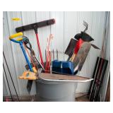 Variety of Garage/Yard Tools & Rolling Garbage Can