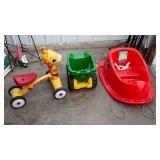Children’s Outdoor Toys – Sled, John Deere Dump Truck, & Giraffe Radio Flyer Bike