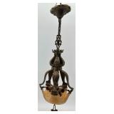 Pair of Antique Art Deco Ornate Cast Metal Ceiling Chandeliers with Glass Shade