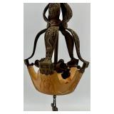 Pair of Antique Art Deco Ornate Cast Metal Ceiling Chandeliers with Glass Shade