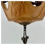 Pair of Antique Art Deco Ornate Cast Metal Ceiling Chandeliers with Glass Shade