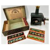 Antique German Magic Lantern Projector with Original Glass Slides and Box