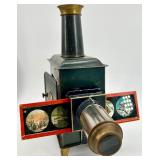 Antique German Magic Lantern Projector with Original Glass Slides and Box