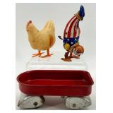 Vintage J. Chein Clown Wind-Up Tin Toy, Plastic Hen with Eggs, and Red Metal Wagon