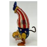 Vintage J. Chein Clown Wind-Up Tin Toy, Plastic Hen with Eggs, and Red Metal Wagon