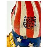 Vintage J. Chein Clown Wind-Up Tin Toy, Plastic Hen with Eggs, and Red Metal Wagon