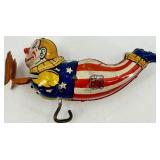 Vintage J. Chein Clown Wind-Up Tin Toy, Plastic Hen with Eggs, and Red Metal Wagon