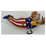 Vintage J. Chein Clown Wind-Up Tin Toy, Plastic Hen with Eggs, and Red Metal Wagon