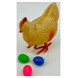 Vintage J. Chein Clown Wind-Up Tin Toy, Plastic Hen with Eggs, and Red Metal Wagon