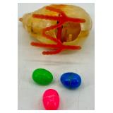 Vintage J. Chein Clown Wind-Up Tin Toy, Plastic Hen with Eggs, and Red Metal Wagon