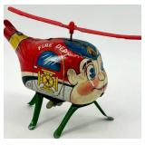 Vintage Tin Wind-Up Fire Dept Helicopter Toy Japan