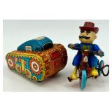Vintage Wind-Up Tin Toys Lot - Tank and Cowboy on Tricycle