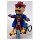 Vintage Wind-Up Tin Toys Lot - Tank and Cowboy on Tricycle