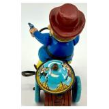 Vintage Wind-Up Tin Toys Lot - Tank and Cowboy on Tricycle
