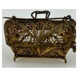 Vintage Decorative Filigree Brass Purse Box with Chain and Marked "90"