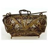 Vintage Decorative Filigree Brass Purse Box with Chain and Marked "90"