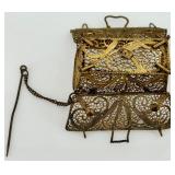 Vintage Decorative Filigree Brass Purse Box with Chain and Marked "90"