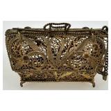 Vintage Decorative Filigree Brass Purse Box with Chain and Marked "90"