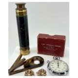 Vintage Brass Telescope, Stopwatch with Box, Tortoiseshell Tools, and Jewelry Lot