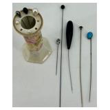 Antique Porcelain Hat Pin Holder with 5 Decorative Hat Pins