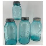 Set of 4 Vintage Ball Perfect Mason Blue Jars with Zinc Lids