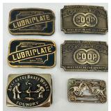 Collection of 6 Vintage Brass Belt Buckles Lubriplate CO-OP Anacortes Foundry