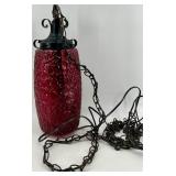 Vintage Red Textured Glass Hanging Pendant Light with Metal Chain