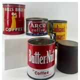Collection of 5 Vintage Coffee Tins Including Hills Bros, Arco, Radiant Roast, and Butter-Nut