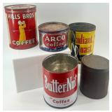 Collection of 5 Vintage Coffee Tins Including Hills Bros, Arco, Radiant Roast, and Butter-Nut