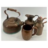 Collection of 4 Vintage Copper Kitchenware Items - Kettle, Jug, Pitcher and Mug