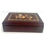 Jewelry Box with Floral Inlay and Assorted Costume Jewelry Collection