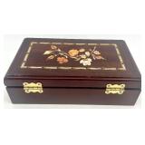 Jewelry Box with Floral Inlay and Assorted Costume Jewelry Collection
