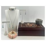 Jewelry Box with Floral Inlay and Assorted Costume Jewelry Collection