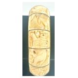 Vintage Carved Bone and Brass Bangle Bracelet with Animal Motif