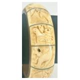 Vintage Carved Bone and Brass Bangle Bracelet with Animal Motif