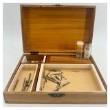 Wooden Case with Assorted Small Metal Tool Bits and Vials