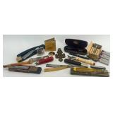 Vintage Barber Shaving Collectibles Lot with Razors, Safety Blades, Eyeglasses, and Tools