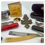 Vintage Barber Shaving Collectibles Lot with Razors, Safety Blades, Eyeglasses, and Tools