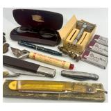 Vintage Barber Shaving Collectibles Lot with Razors, Safety Blades, Eyeglasses, and Tools